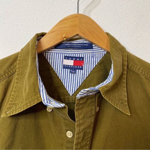 Tommy Hilfiger Mens Long Sleeve Button Up Cotton Khaki Shirt Sz XL - Picture 3 of 13